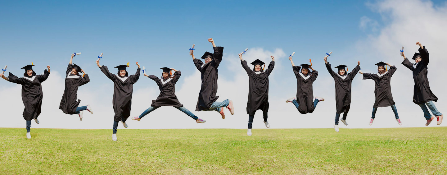 Graduates jumping with diplomas – school placement services